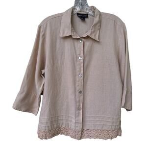 Robert Louis 100% Linen Crochet Trim Mother of Pearl buttons Blouse Shirt Tan M